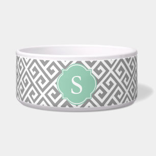 Grey and White Greek Key Monogram Large Dog Bowl