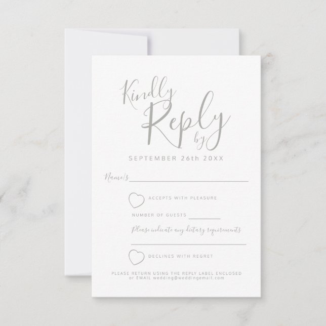 Grey and white heart wedding reply RSVP Card (Front)