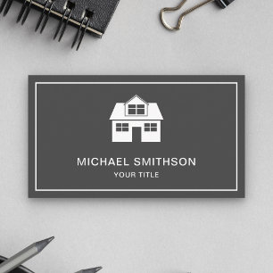 Grey and White Home Icon Real Estate Agent Business Card
