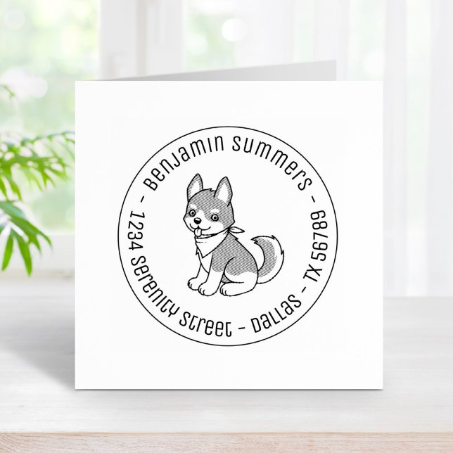 Grey and White Husky Puppy Dog Round Address Rubber Stamp (Creator Uploaded)
