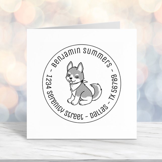 Grey and White Husky Puppy Dog Round Address Self-inking Stamp (Creator Uploaded)