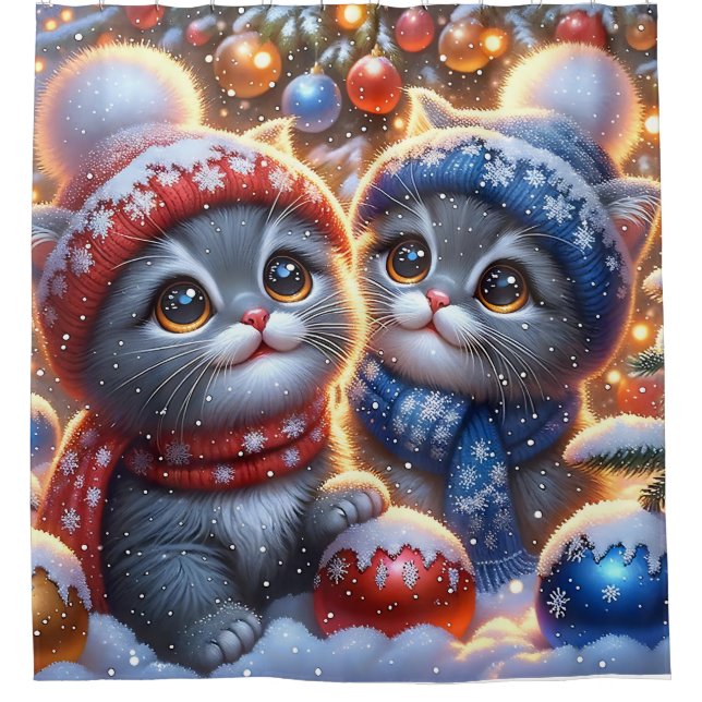 "Grey and White Kittens’ First Christmas" Shower Curtain (Front)
