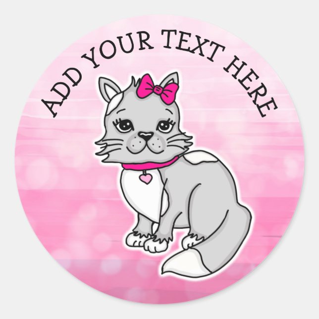 Grey and White Kitty Cat Custom Classic Round Sticker (Front)