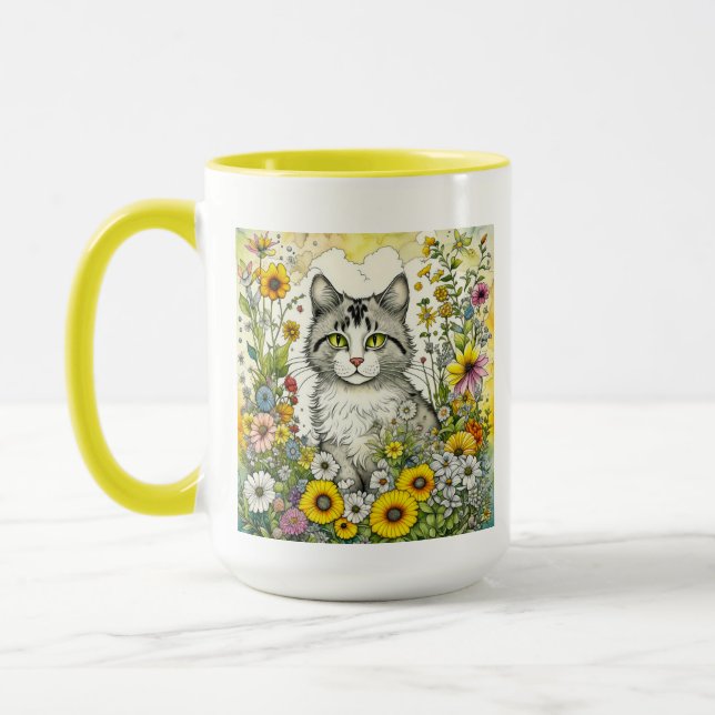 Grey and White Kitty Cat Sitting in Flowers Mug (Left)