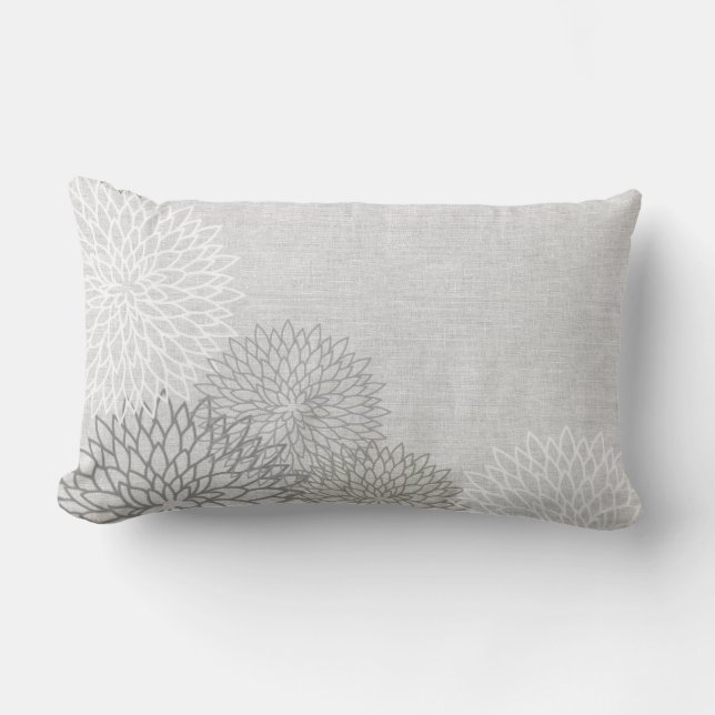 Grey and White Linen Flowers Outdoor Pillow (Front)