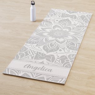 Grey and White Mandala Yoga Mat with Your Own Name