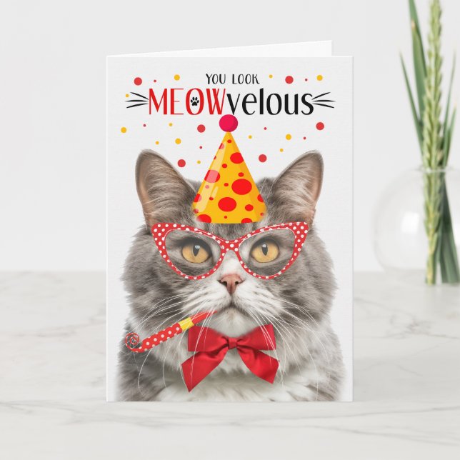 Grey and White Marble Cat MEOWvelous Birthday Card (Front)