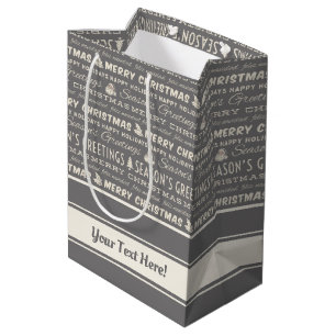 Grey and White Merry Christmas Retro Typography Medium Gift Bag