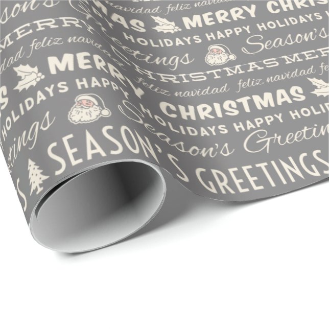 Grey and White Merry Christmas Retro Typography Wrapping Paper (Roll Corner)