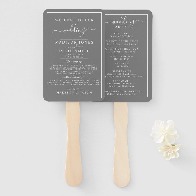 Grey and White Minimalist Wedding Program Hand Fan (Front and Back)