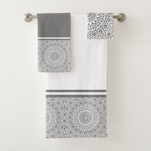 Grey and White Modern Mandala Bath Towel Set (Insitu)