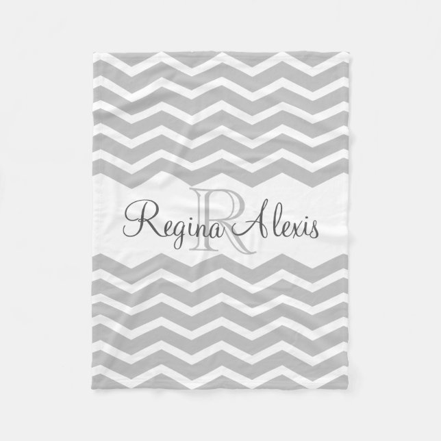 Grey and White Monogram Name Keepsake Chevron Fleece Blanket (Front)