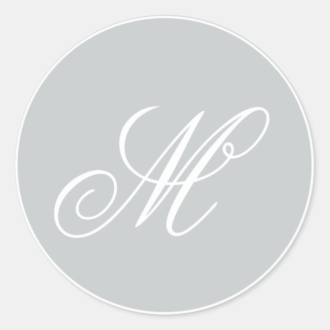 Grey and White Monogram Script Classic Round Sticker (Front)