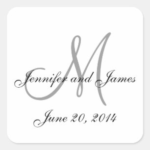 Grey and White Monogram Square Wedding Labels