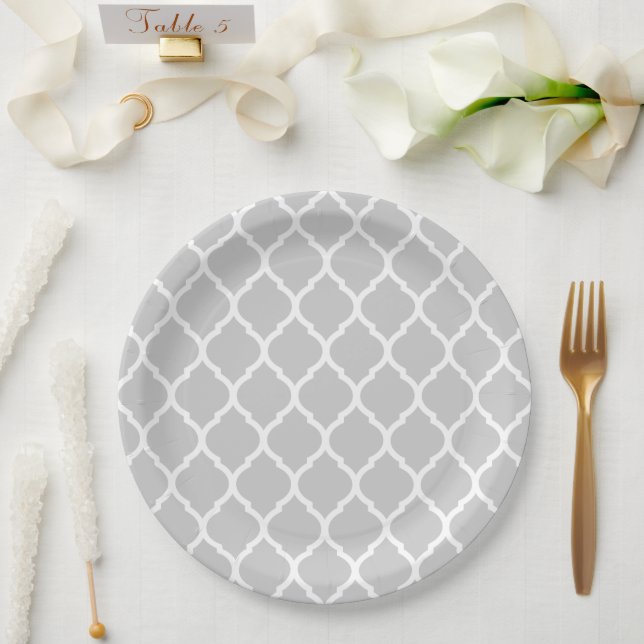 Grey and White Moroccan Quatrefoil Paper Plate (Wedding)