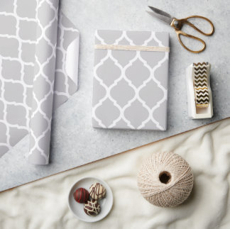 Grey and White Moroccan Quatrefoil Wrapping Paper