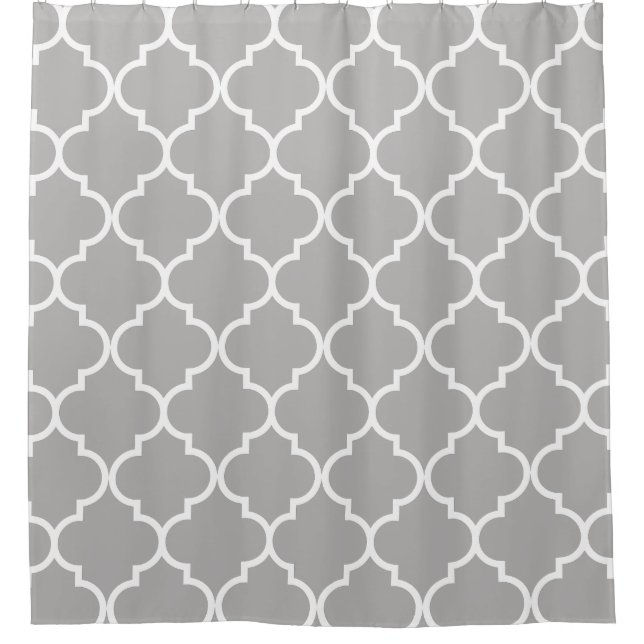 Grey and White Moroccan Trellis Quatrefoil Shower Curtain (Front)