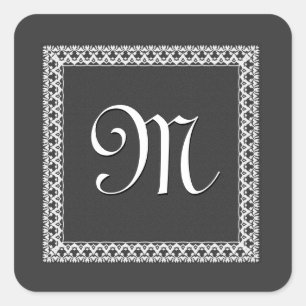 Grey and White Ornate Monogram Square Sticker