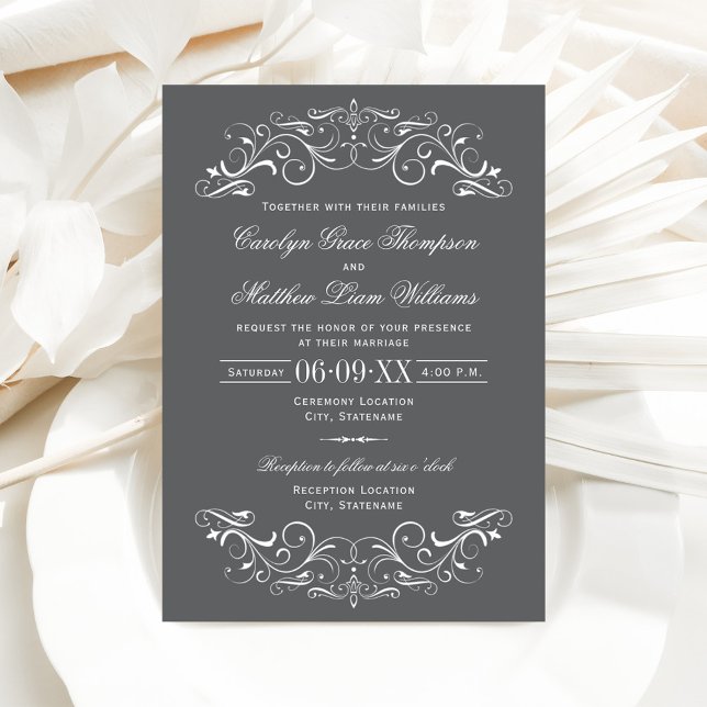 Grey and White Ornate Scroll Wedding Invitation (Creator Uploaded)