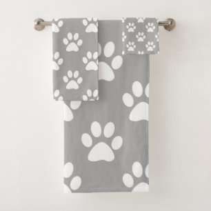 Grey and white paw prints bath towel set