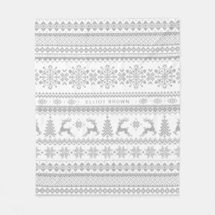 Grey And White Personalised Name Christmas Sweater Fleece Blanket