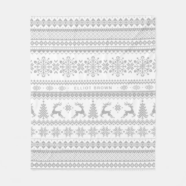 Grey And White Personalised Name Christmas Sweater Fleece Blanket (Front)