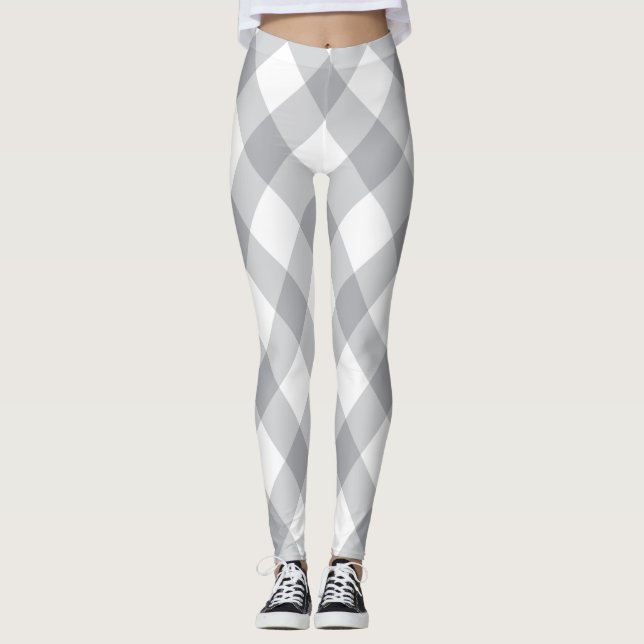  Grey and White Plaid Pattern Christmas Leggings (Front)