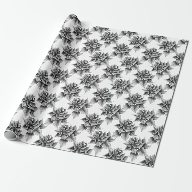 Grey and White Poinsettia Flower Christmas Pattern Wrapping Paper (Unrolled)