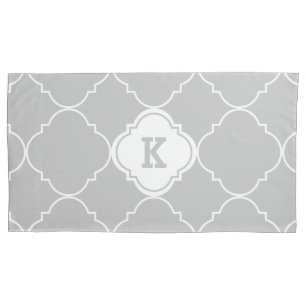 Grey and White Quatrefoil Pattern Monogrammed King Pillowcase