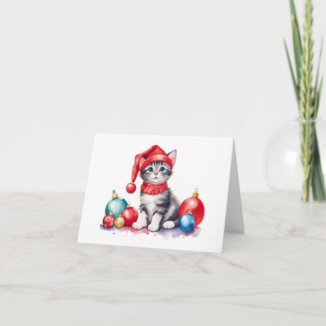 Grey and White Santa Kitten with Balls BLANK  Holiday Card (Front)