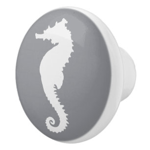 Grey and White Seahorse Coastal Nautical Beach Ceramic Knob