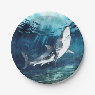 Grey and White Shark in the Watercolor Blue Ocean  Paper Plate