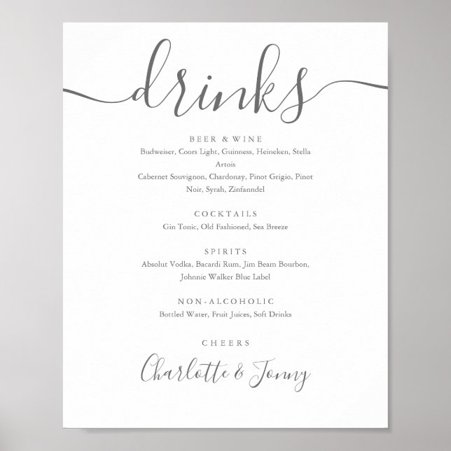 Grey And White Signature Script Drinks Menu Sign (Front)