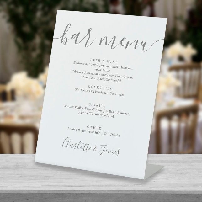 Grey And White Signature Script Wedding Bar Menu Pedestal Sign (Creator Uploaded)