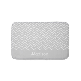 Grey And White Squiggly Chevron Zigzag With Name Bath Mat