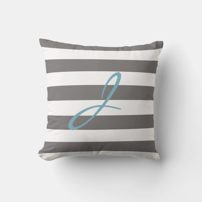 Grey and White Striped Monogram Nursery Pillow (Front)