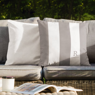 Grey and White Stripes Monogram Name Outdoor Cushion