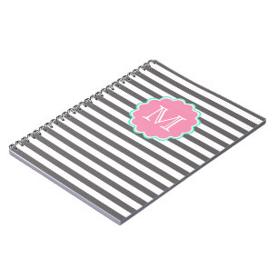 Grey and white stripes, Monogram Notebook