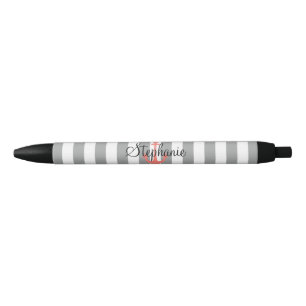 Grey and White Stripes with Coral  Nautical Anchor Black Ink Pen