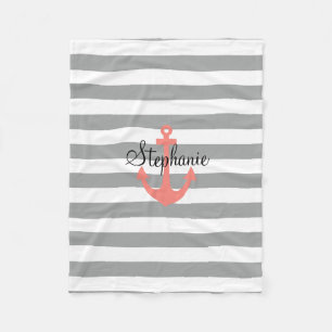 Grey and White Stripes with Coral Nautical Anchor Fleece Blanket