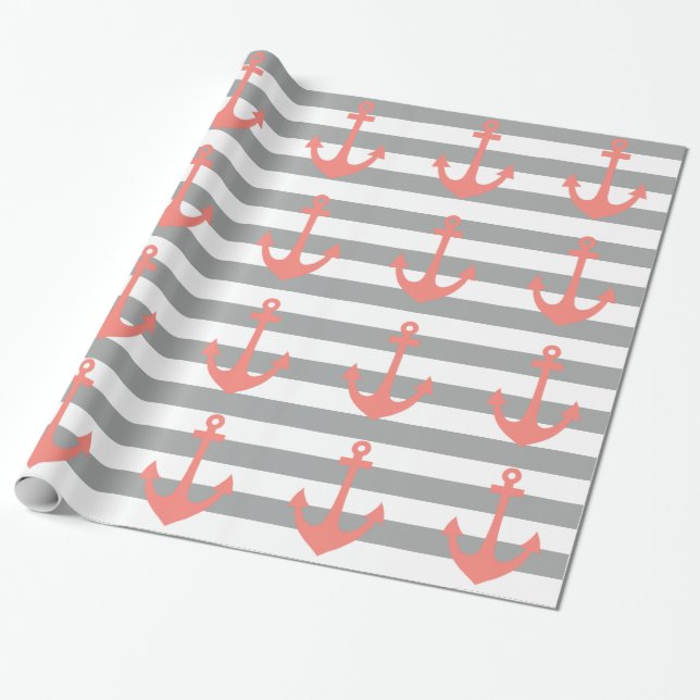 Grey and White Stripes with Coral  Nautical Anchor Wrapping Paper (Unrolled)