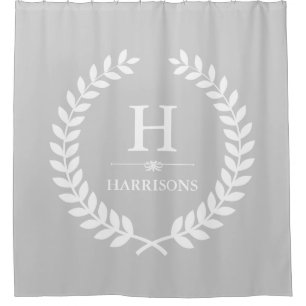 Grey and White Stylish Laurel Wreath Monogram Shower Curtain