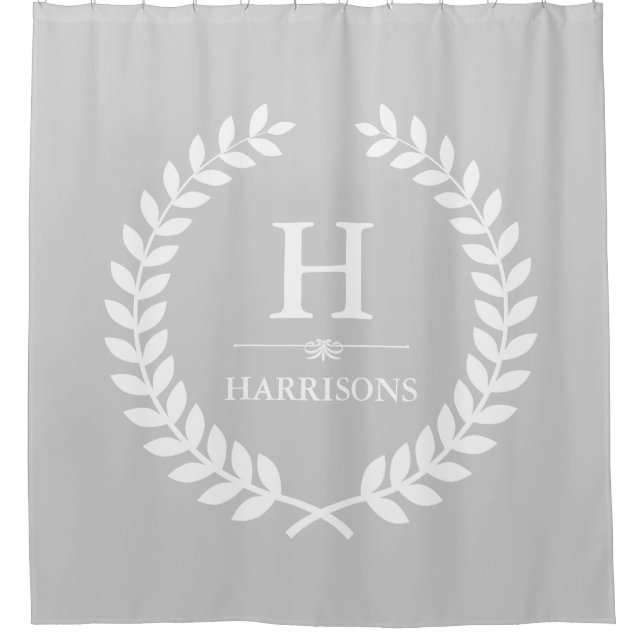 Grey and White Stylish Laurel Wreath Monogram Shower Curtain (Front)