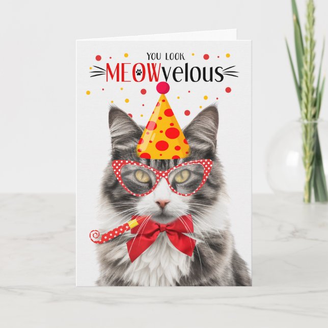 Grey and White Tabby Cat MEOWvelous Birthday Card (Front)