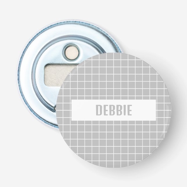 Grey and white tile blocks custom bottle opener (Front)
