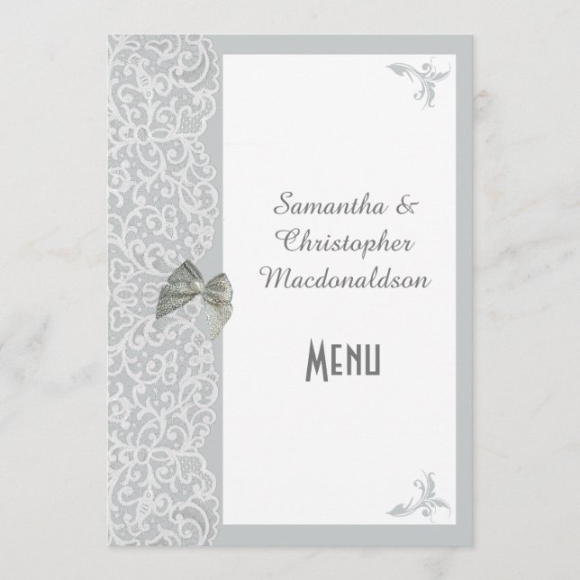 Grey and white traditional lace wedding menu (Front)