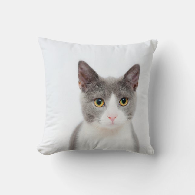 Grey and White Tuxedo Cat Throw Cushion (Front)