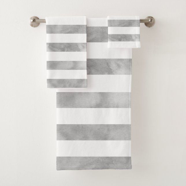 Grey and White Watercolor Stripes Bath Towel Set (Insitu)