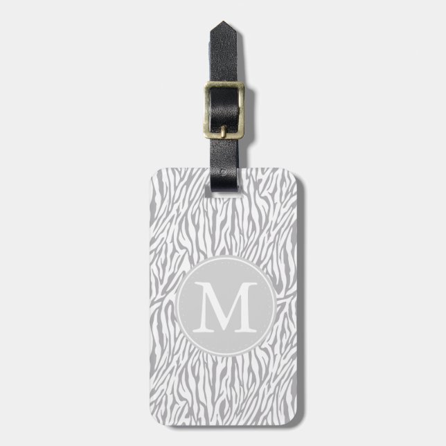 Grey and White Zebra Print Mongram Luggage Tag (Front Vertical)