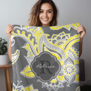 Grey and Yellow Boho Paisley Monogrammed Fleece Blanket
